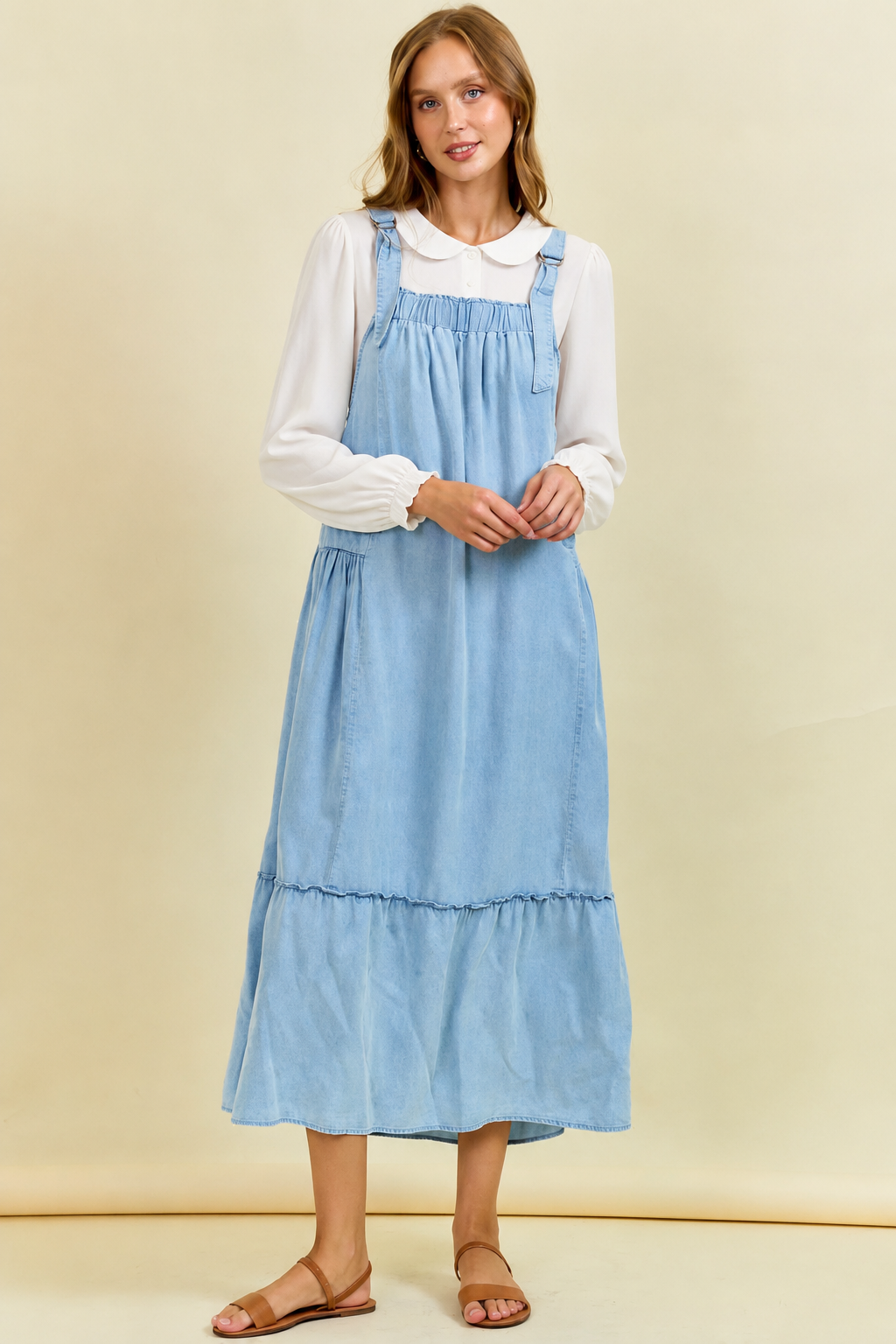 BLUE TENCEL MAXI OVERALL DRESS WITH TIERED RUFFLE
