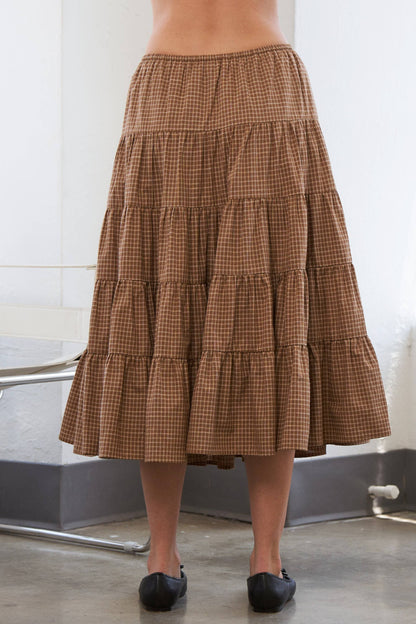 Caramel Gingham Elastic Waistband Skirt - Multiple Colors