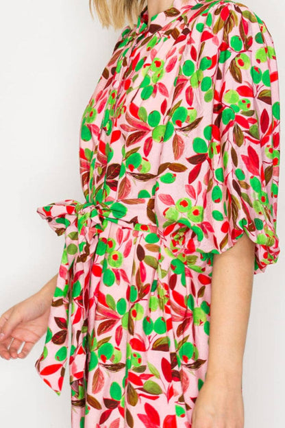PINK GREEN TIERED MIDI DRESS WITH A COLLARED BUTTON FRONT TIE WAIST