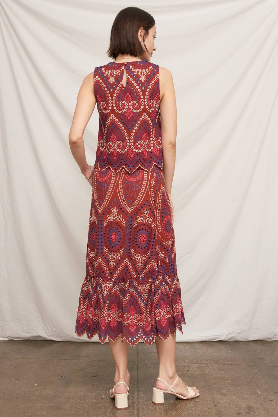 Eyelet Embroidered Blouse and Midi Skirt with Uneven Hem Scallop