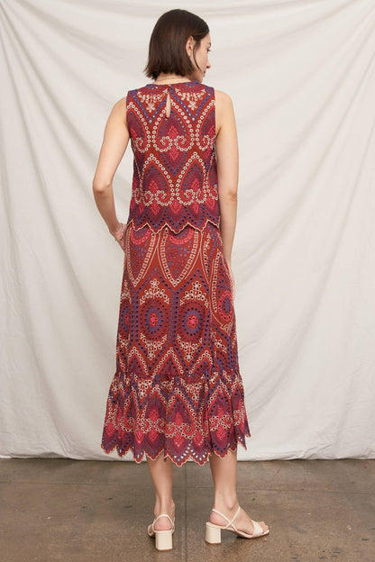 Eyelet Embroidered Blouse and Midi Skirt with Uneven Hem Scallop