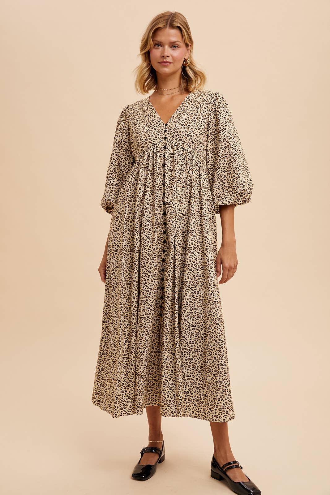 COTTON LEOPARD PRINT BUTTON MAXI DRESS