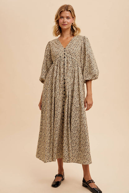 COTTON LEOPARD PRINT BUTTON MAXI DRESS