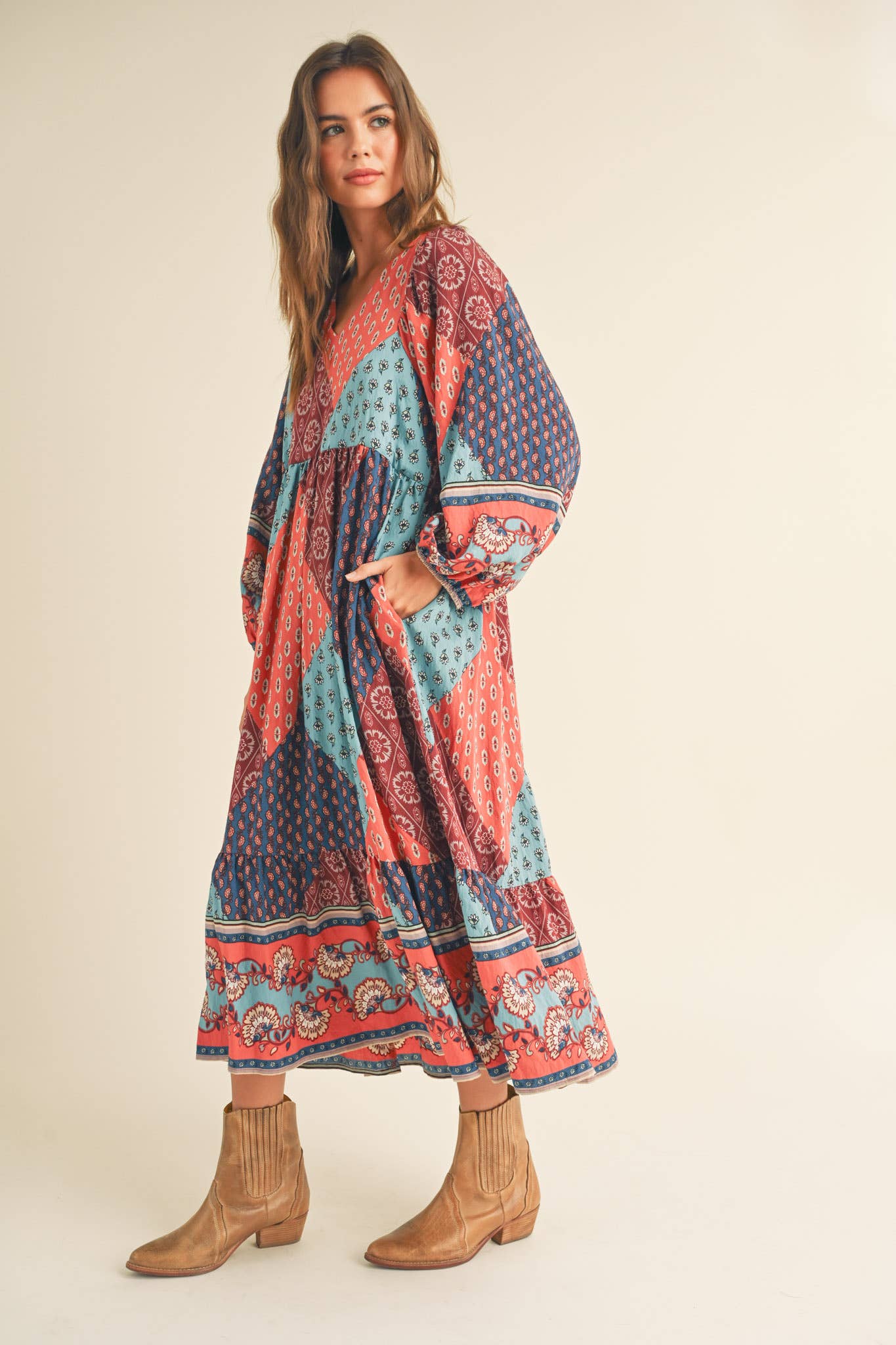 PATCHWORK PRINT BALLOON SLEEVE MIDI DRESS