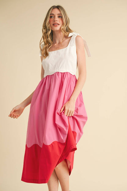 SCALLOPED COLOR BLOCK PINK SCALLOP MIDI DRESS