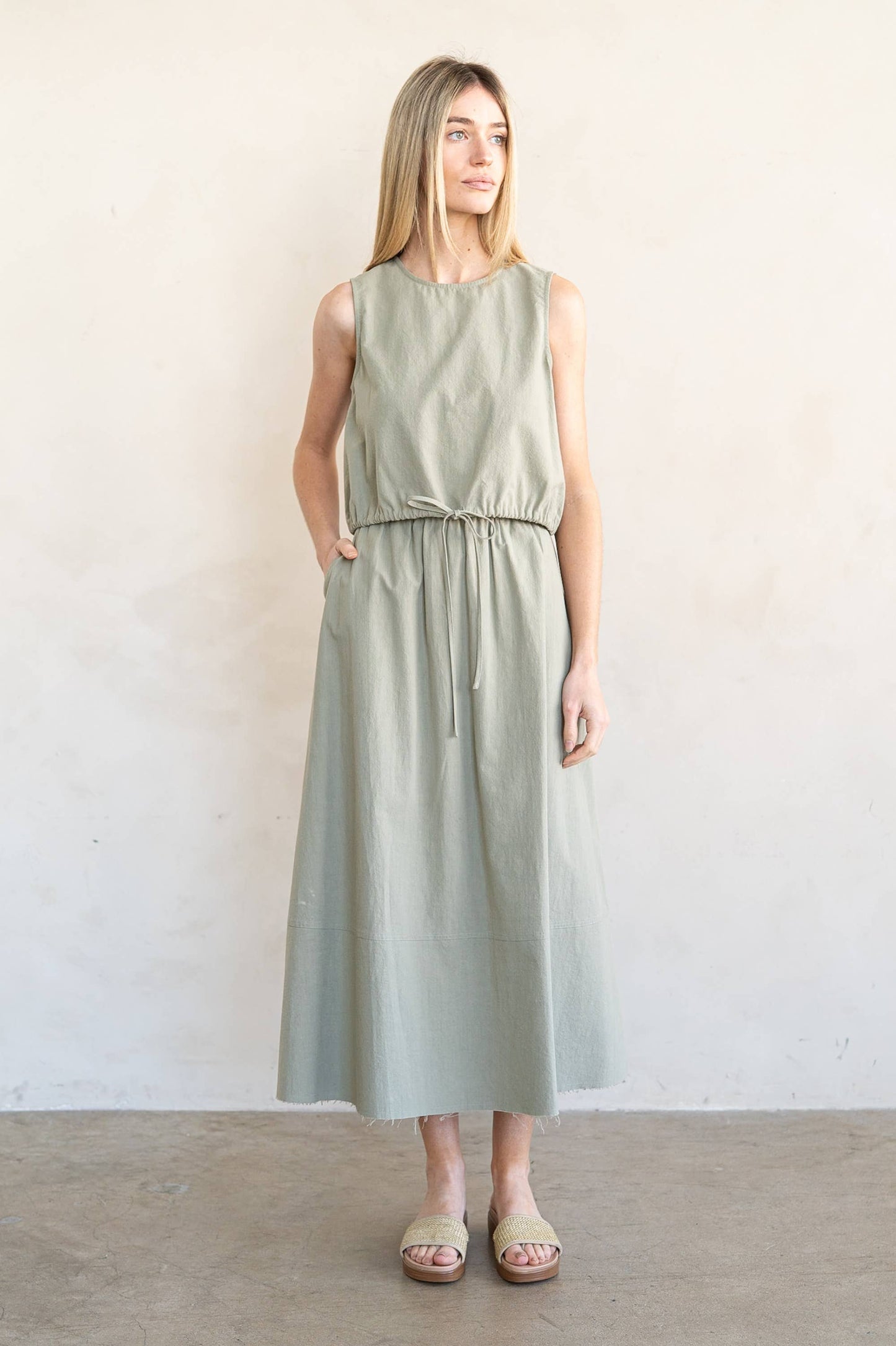 SAGE GREEN ADJUSTABLE TIE HEM CROPPED TANK TOP AND FLARED MIDI SET