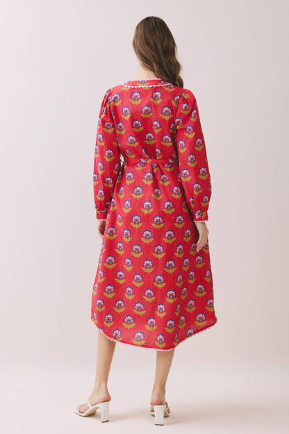 Scalloped Long Sleeve Button Down Midi Dress