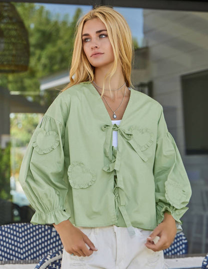 Green Front Tie Cotton Heart Patch Long Sleeve Blouse - PRE ORDER