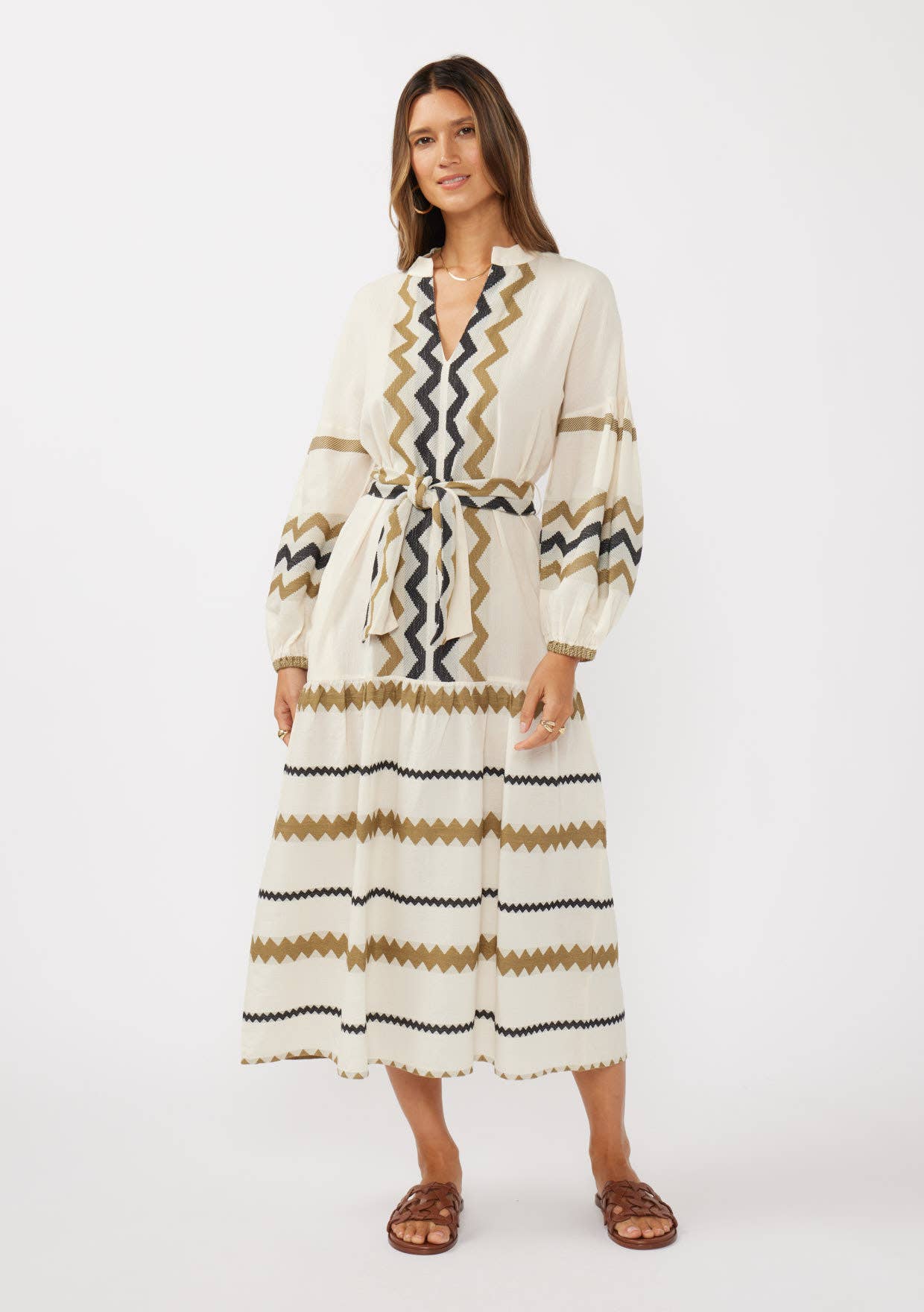 Blouson Sleeve Tiered Maxi Dress with Waist Tie