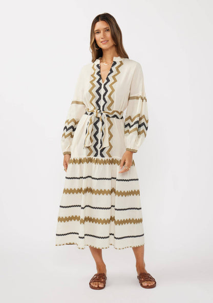 Blouson Sleeve Tiered Maxi Dress with Waist Tie