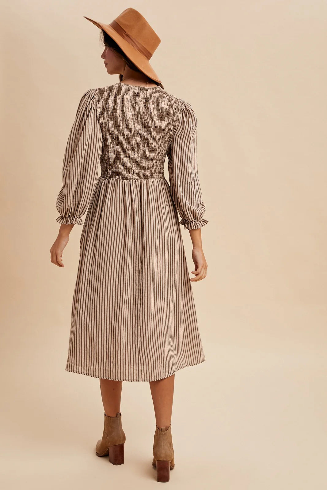 Sand/Mocha Striped Bow Midi Dress