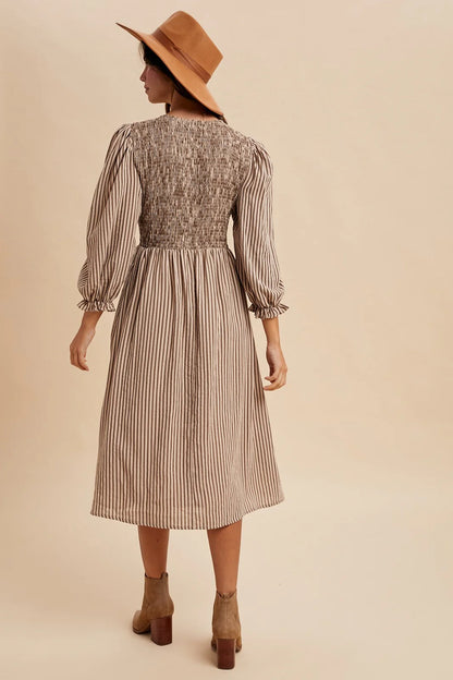 Sand/Mocha Striped Bow Midi Dress