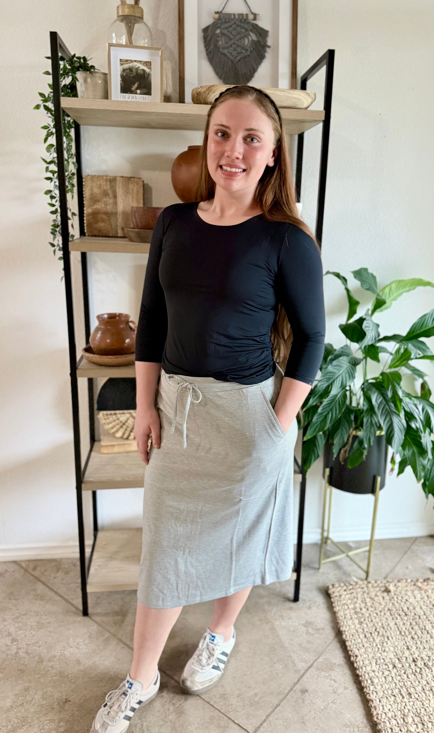Grey Soft Knit Stretchy Midi Skirt