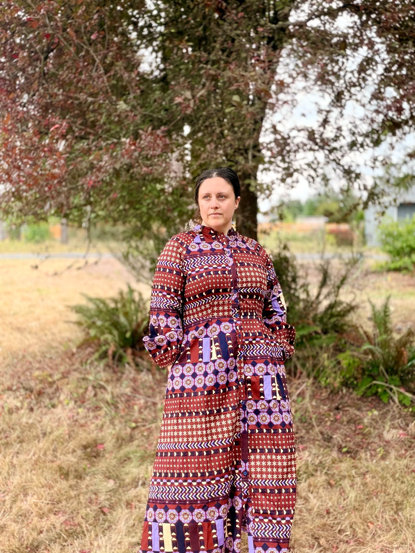 EXCLUSIVE BORDER PRT BTTN DWN PLEATED WST LAYERED MIDI DRESS