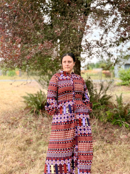 EXCLUSIVE BORDER PRT BTTN DWN PLEATED WST LAYERED MIDI DRESS