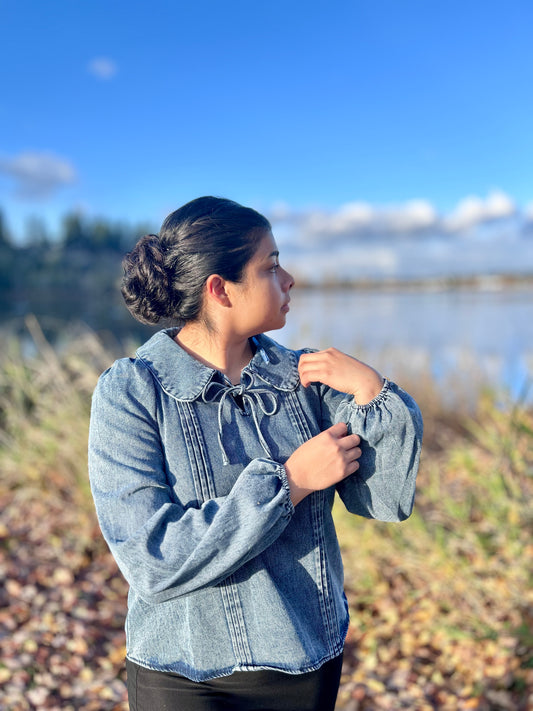Mineral Washed Chambray Denim Blouse Top