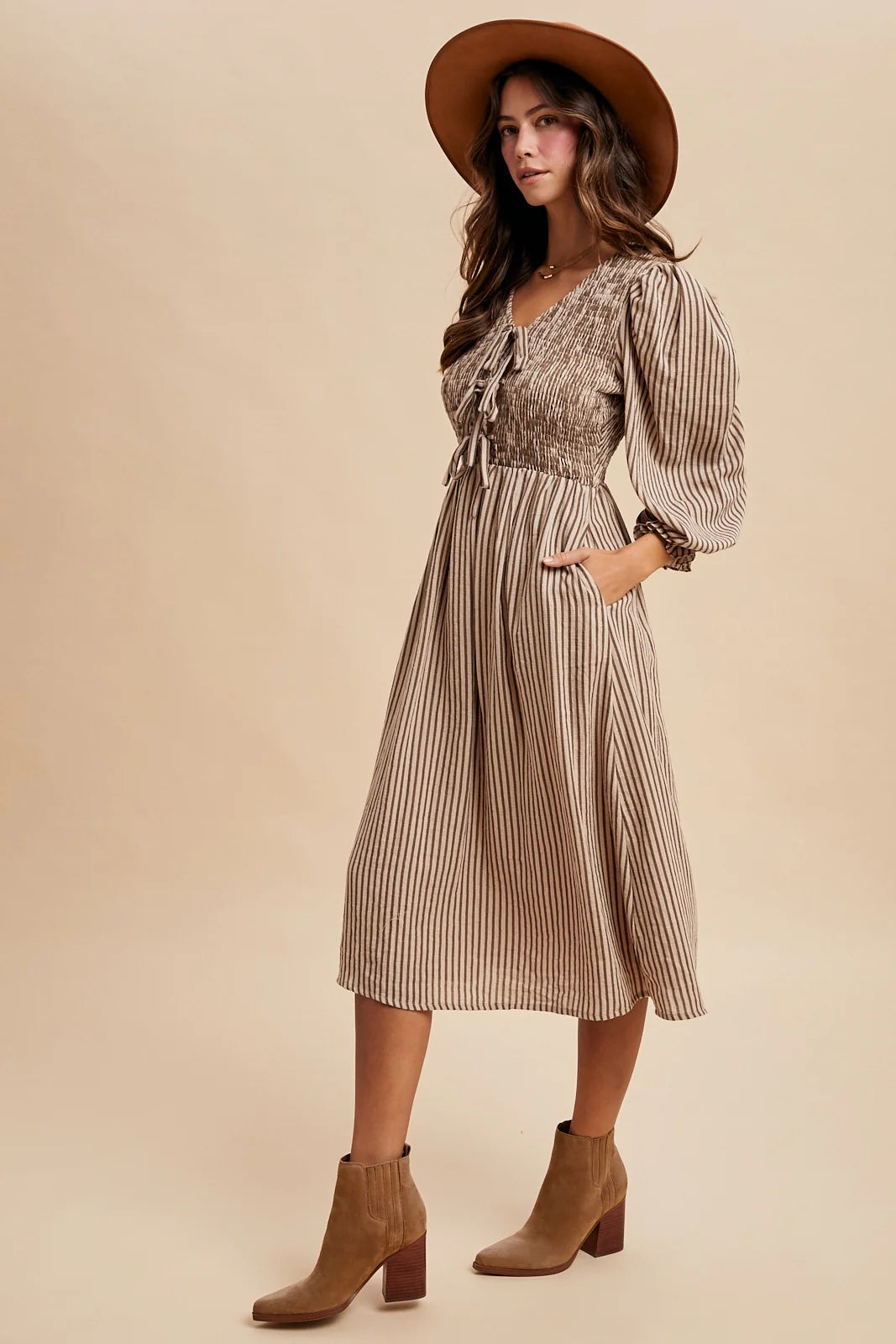 Sand/Mocha Striped Bow Midi Dress