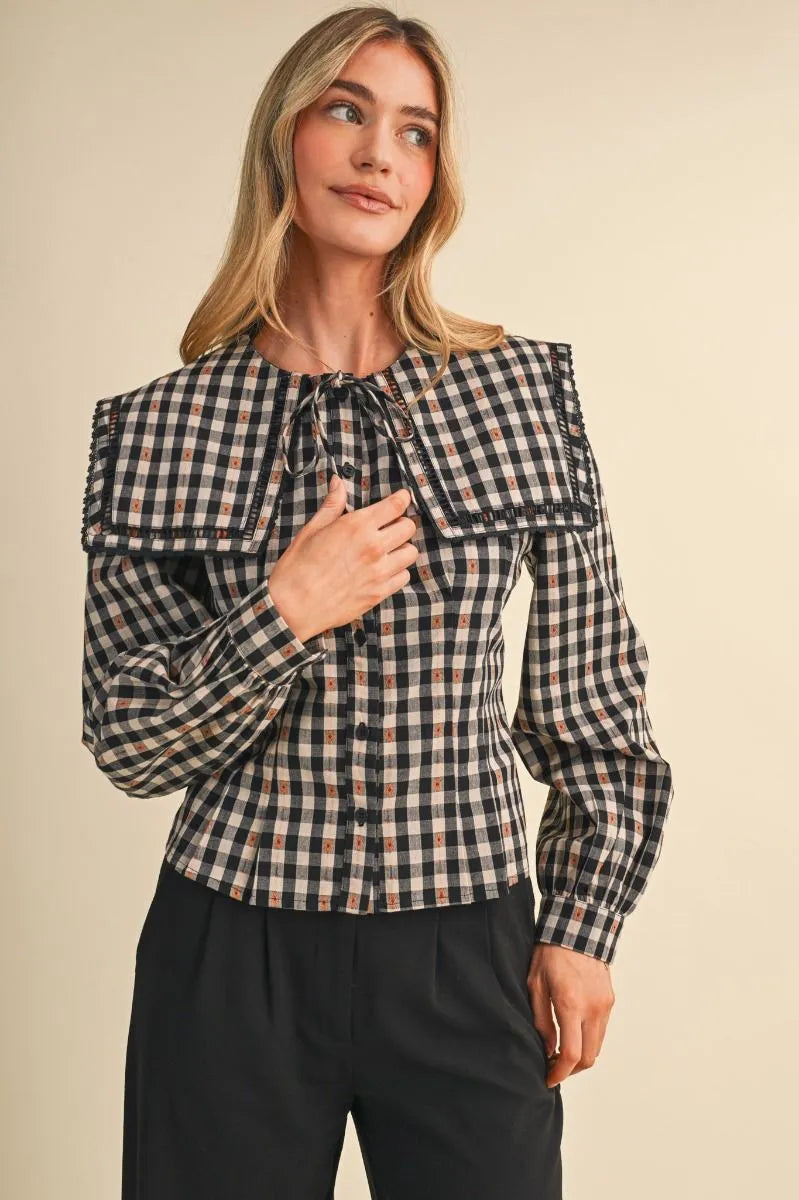 Black White Brown Lace Gingham Blouse