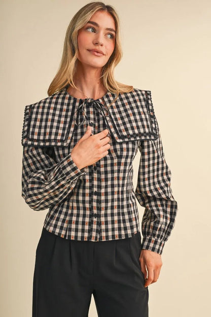 Black White Brown Lace Gingham Blouse