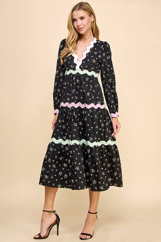 Floral Scalloped Ric Rac Detail Midi Dress