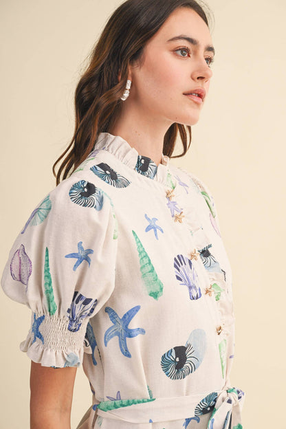 SEASHELL PRINT RUFFLE COLLAR BELTED MIDI DRESS