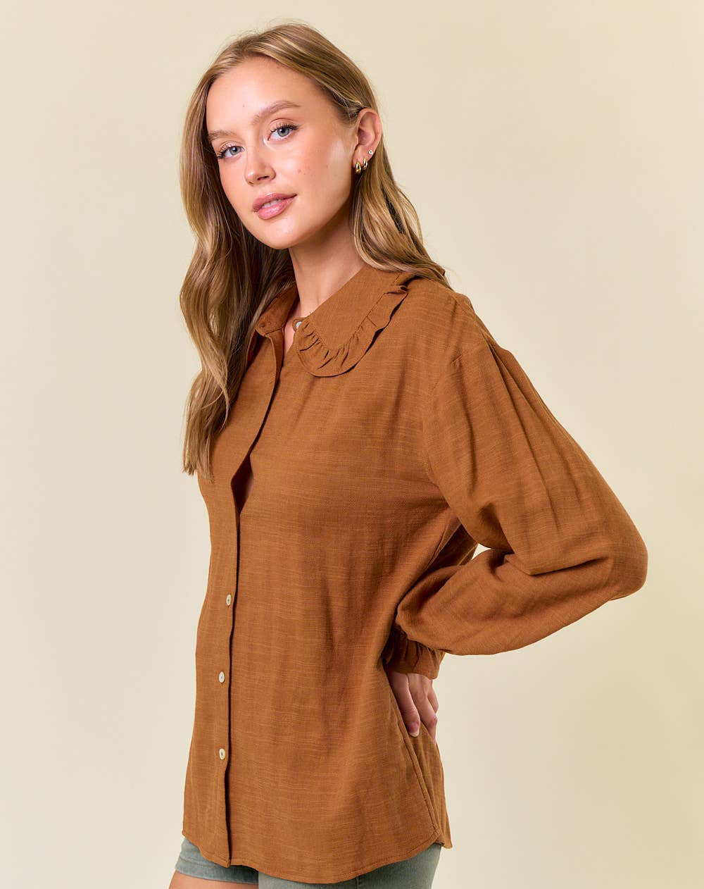 Ruffle Collar Drop Shoulder Oversized Blouse Rust Coffee