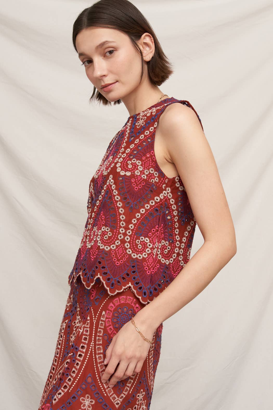 Eyelet Embroidered Blouse and Midi Skirt with Uneven Hem Scallop