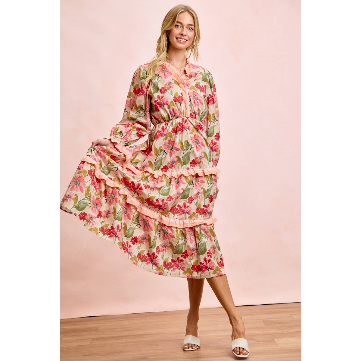 FLORAL PRINT MIDI DRESS WITH RUFFLE SCALLOP EDGE DETAILS