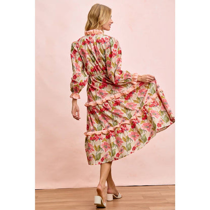 FLORAL PRINT MIDI DRESS WITH RUFFLE SCALLOP EDGE DETAILS