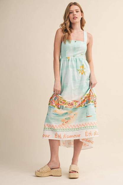 LETS GETAWAY LANDSCAPE PRINT BOW TYING MIDI DRESS BLUE