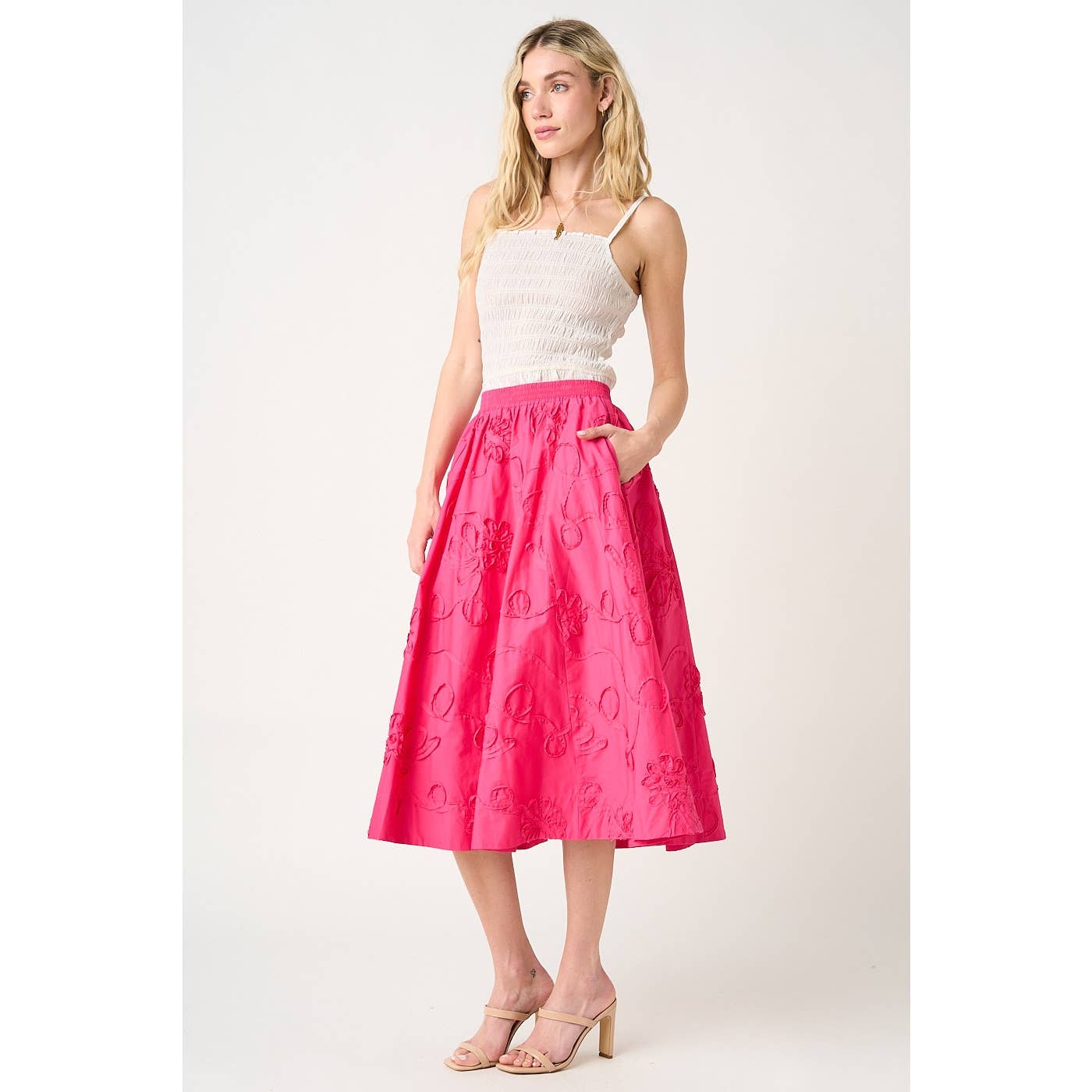 ROSE FLORAL EMBROIDERY HOT PINK ELASTIC WAIST MIDI SKIRT