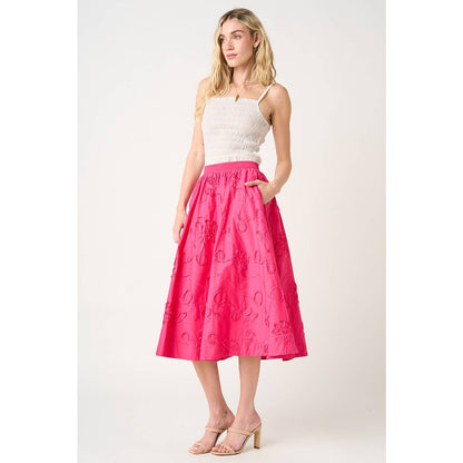 ROSE FLORAL EMBROIDERY HOT PINK ELASTIC WAIST MIDI SKIRT