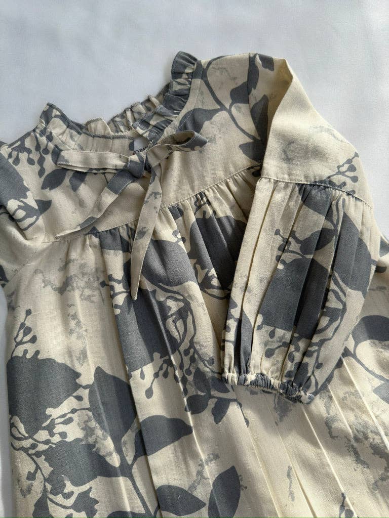 Grey Leaf Printed Gathered Long Sleeve Dress
