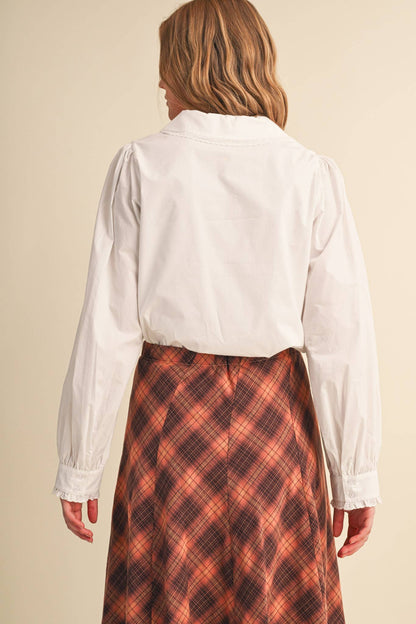 BUTTON UP TOP WITH SCALLOPED TRIM PETER PAN COTTON BLOUSE BLACK WHITE MUSHROOM