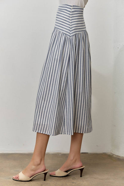 STRIPED COTTON TOP MIDI SKIRT SET NAVY