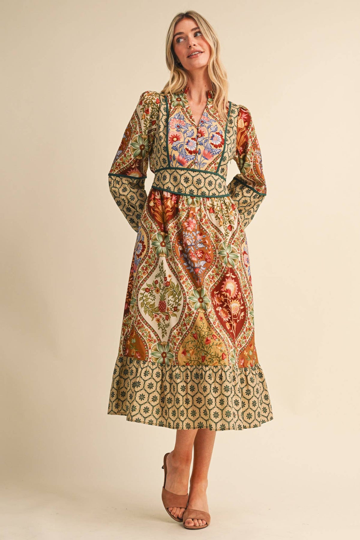 MIXED FLORAL PRINT CONTRAST PIPING MIDI DRESS