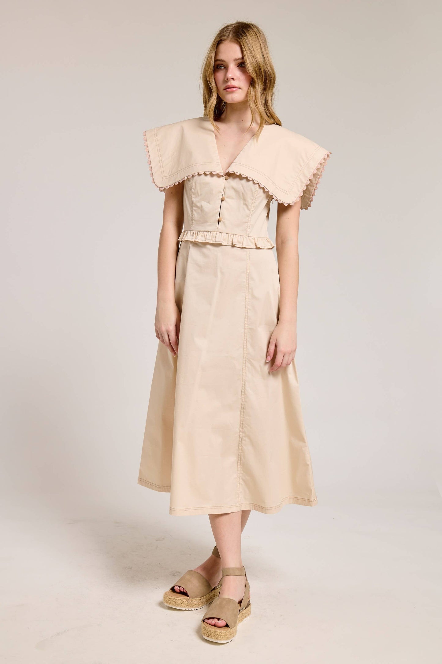 Oversized Collar Scallop Trim Midi Dress