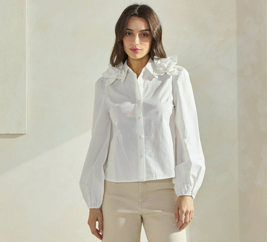 Floral Applique Off White Collared Blouse
