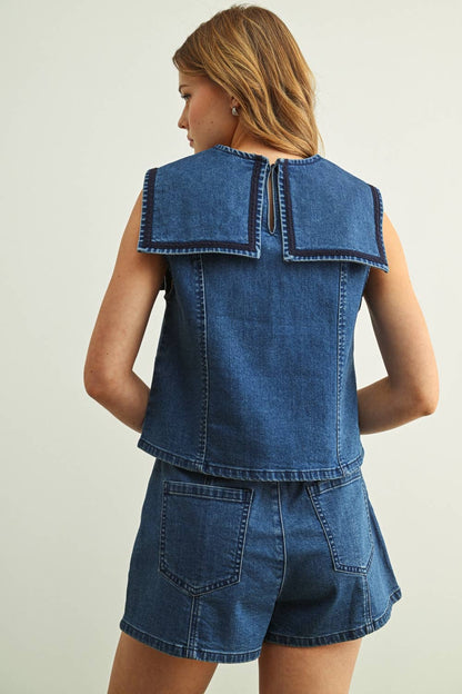 Sailor Big Collar Stretch Denim Top - PRE ORDER