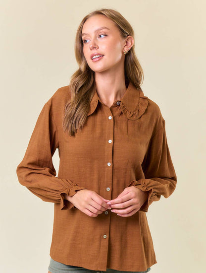 Ruffle Collar Drop Shoulder Oversized Blouse Rust Coffee