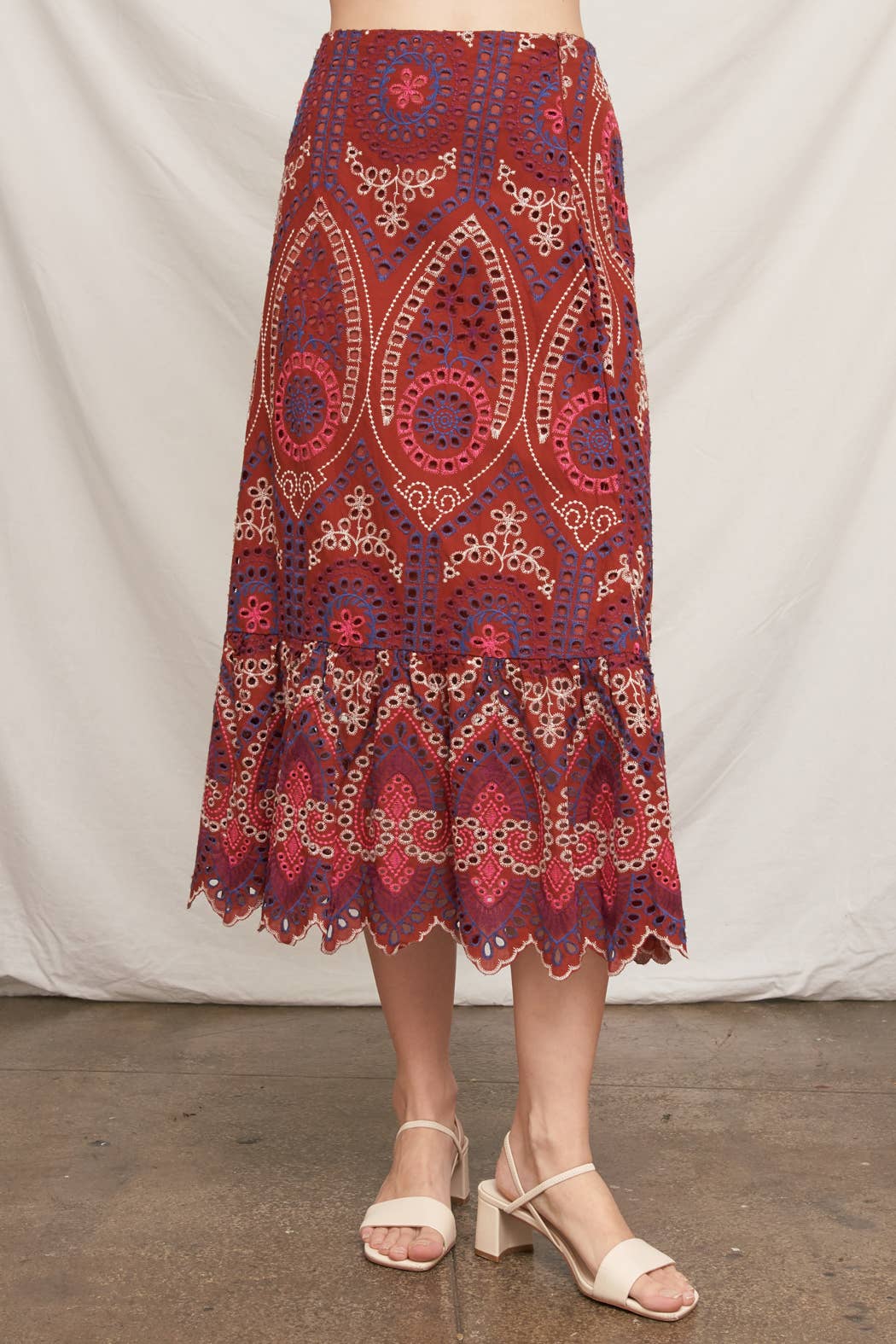Eyelet Embroidered Blouse and Midi Skirt with Uneven Hem Scallop