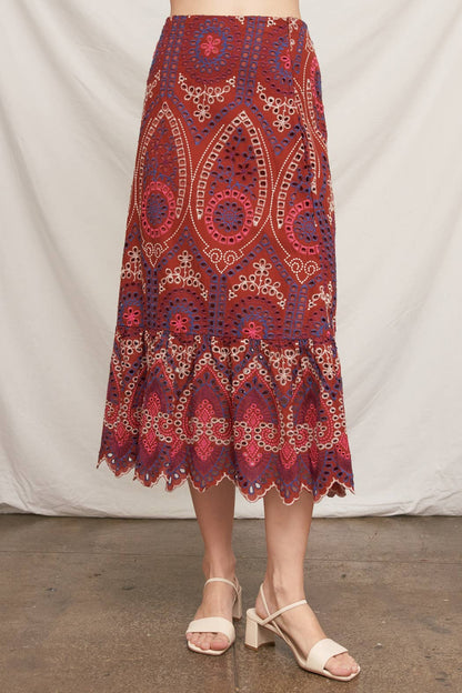 Eyelet Embroidered Blouse and Midi Skirt with Uneven Hem Scallop