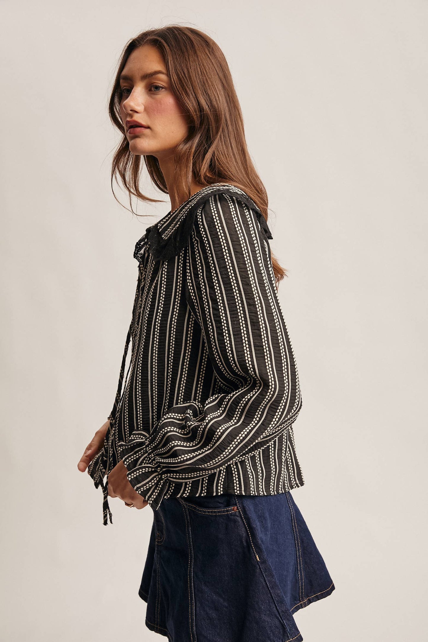 Embroidered Collar Textured Peter Pan Blouse