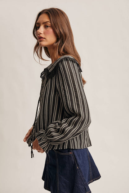 Embroidered Collar Textured Peter Pan Blouse