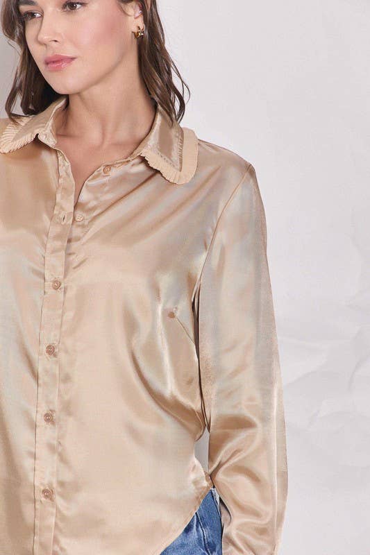 Pleated Collar Satin Shirt