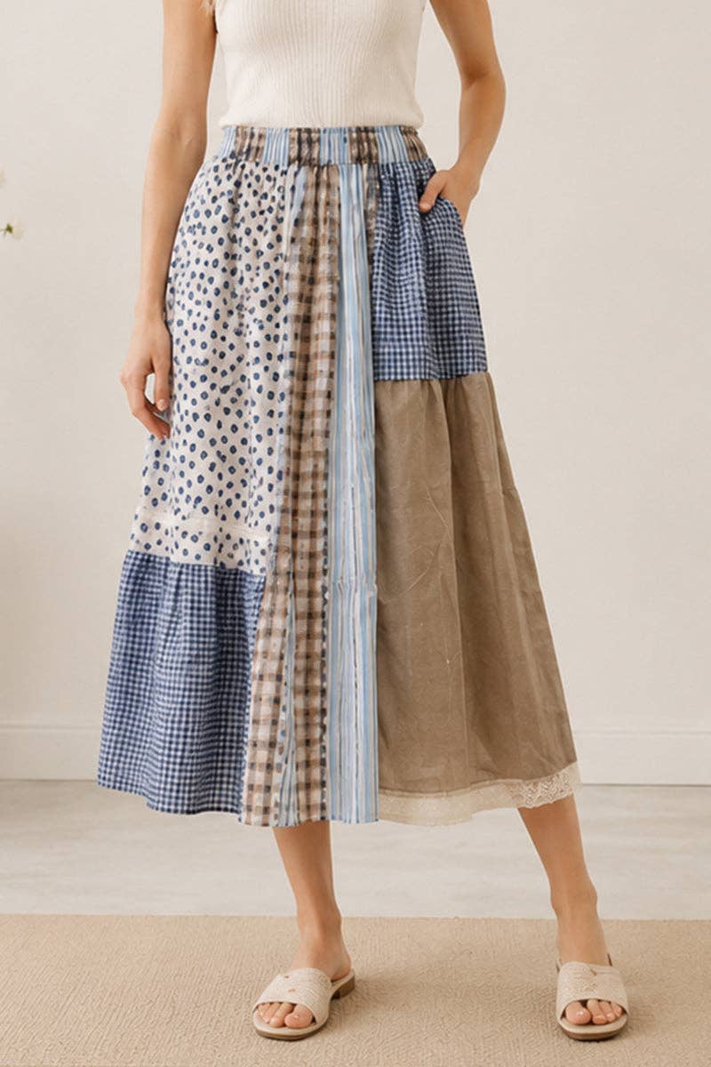 Patchwork Flowy Midi Skirt