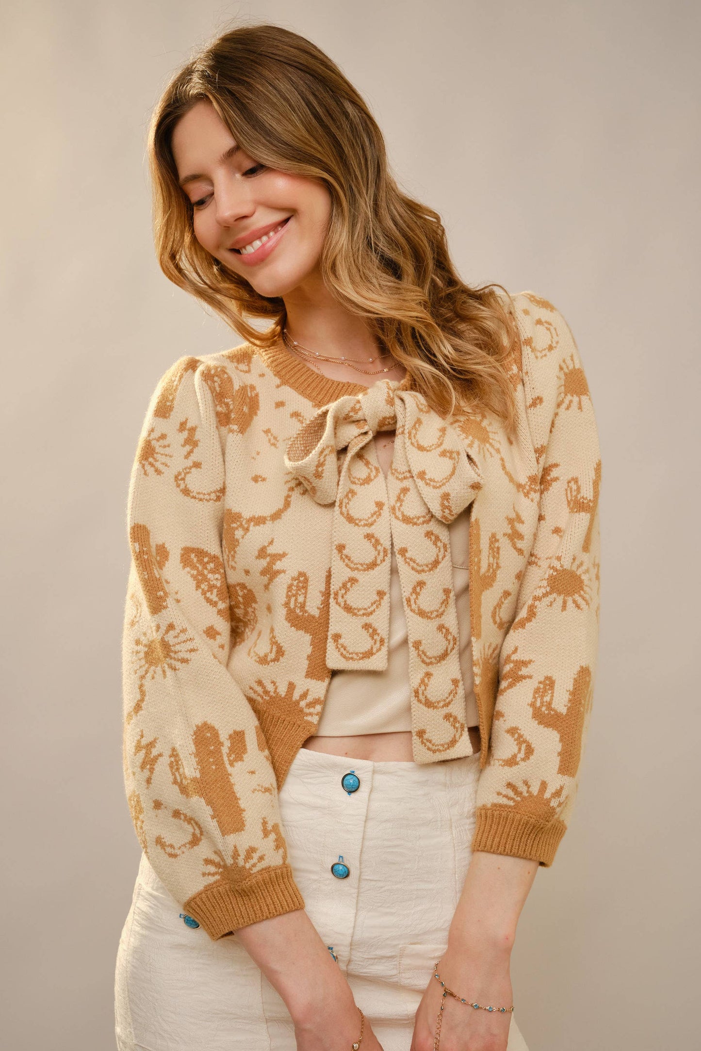 Western Motif Tie Front Cardigan