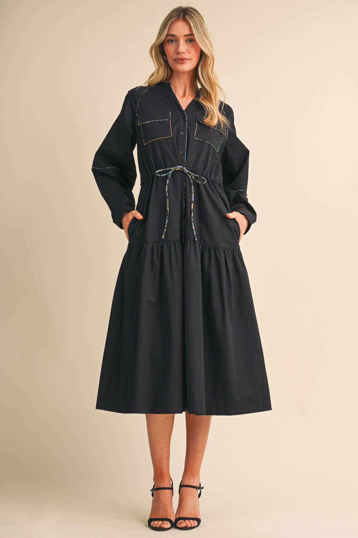UTILITY MIDI DRESS WITH CONTRAST PIPING TRIM