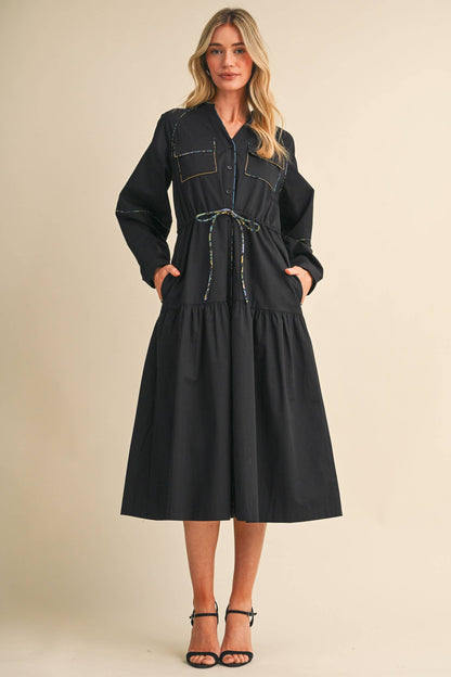 UTILITY MIDI DRESS WITH CONTRAST PIPING TRIM