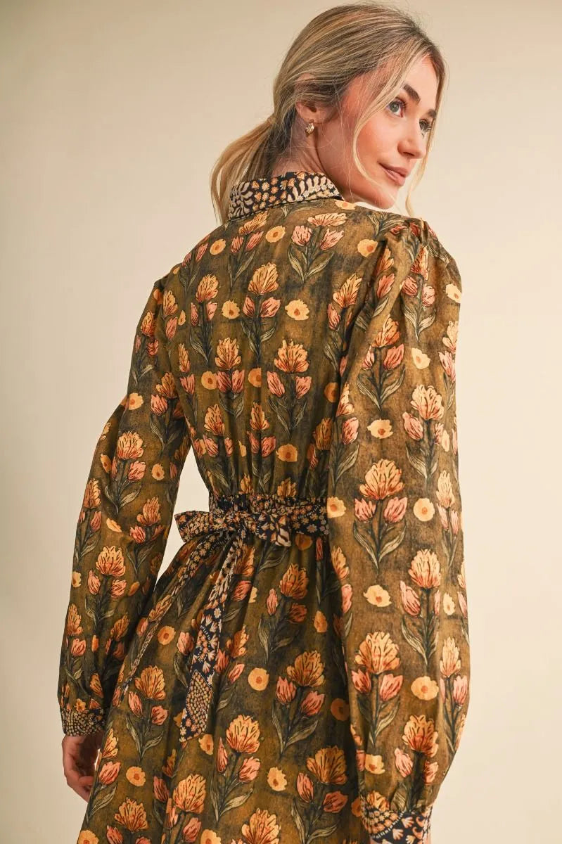 Olive Brown Floral Print Midi Dress